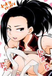 Rule 34 | 10s, 1girl, areola slip, bare shoulders, black eyes, black hair, boku no hero academia, breasts, center opening, convenient censoring, large breasts, lee (colt), leotard, ponytail, sleeveless, solo, text focus, upper body, yaoyorozu momo