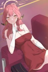 Rule 34 | 1girl, absurdres, aru (blue archive), bare shoulders, blue archive, breasts, cleavage, dress, gloves, highres, long hair, looking at viewer, red dress, red hair, smile, solo, udonpan, white gloves, yellow eyes