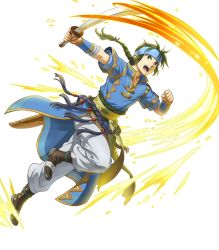 Rule 34 | 1boy, belt, boots, braid, clenched hand, fire emblem, fire emblem: the blazing blade, fire emblem heroes, full body, gold trim, green eyes, green hair, guy (fire emblem), headband, highres, holding, holding sword, holding weapon, indesign, leg up, long hair, looking away, male focus, nintendo, non-web source, noots, official art, pants, pelvic curtain, short sleeves, single braid, slashing, solo, sword, transparent background, weapon