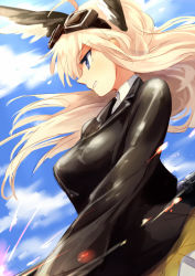 Rule 34 | 1girl, ahoge, blonde hair, blue eyes, blue sky, cloud, collared shirt, day, goggles, goggles on head, hanna-justina marseille, head wings, kodamari, long hair, long sleeves, military, military uniform, profile, shirt, skirt, sky, solo, strike witches, uniform, wings, witches of africa, world witches series