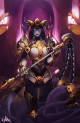 Rule 34 | 1girl, armor, player character (wow), ball and chain (weapon), breastplate, closed mouth, colored skin, distr, draenei, flail, gauntlets, highres, holding, holding weapon, horn ornament, horns, looking at viewer, paladin (warcraft), pauldrons, pointy ears, purple skin, shoulder armor, solo, spiked ball and chain, standing, warcraft, weapon, white eyes, world of warcraft