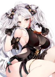 Rule 34 | 1girl, alcohol, alternate costume, antenna hair, azur lane, black bow, black dress, blush, bow, breasts, brown eyes, commentary request, cross, cup, dress, glint, gloves, gold trim, hair between eyes, hair bow, hand in own hair, highres, holding, holding cup, iron cross, large breasts, long hair, looking at viewer, mole, mole on breast, multicolored hair, parted lips, prinz eugen (azur lane), prinz eugen (cordial cornflower) (azur lane), red hair, sidelocks, silver hair, simple background, smile, solo, soraneko hino, streaked hair, thighs, twitter username, two side up, very long hair, white background