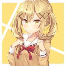 Rule 34 | 1girl, bang dream!, blonde hair, blush, bow, bowtie, clenched hands, closed mouth, commentary request, hair ornament, hanasakigawa school uniform, hands up, holding, holding own hair, ichigaya arisa, komomo (ptkrx), long sleeves, looking at viewer, red bow, red bowtie, sailor collar, school uniform, serafuku, sidelocks, simple background, solo, twintails, upper body, white background, white sailor collar, x hair ornament, yellow background, yellow eyes