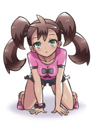 Rule 34 | 10s, 1girl, all fours, bare legs, blush, breasts, brown hair, chro (rulurullu), cleavage, creatures (company), full body, game freak, green eyes, long hair, looking at viewer, nintendo, parted lips, pokemon, pokemon xy, print shirt, purple footwear, purple shirt, quad tails, shauna (pokemon), shirt, shoes, short shorts, shorts, simple background, solo, twintails, white background