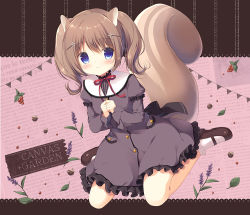 Rule 34 | 1girl, acorn, animal ears, black bow, blue eyes, bobby socks, bow, brown footwear, brown hair, collar, commentary request, dress, english text, flower, frilled dress, frilled sleeves, frills, full body, grey dress, hair flower, hair ornament, hairclip, juliet sleeves, leaf, long hair, long sleeves, looking at viewer, mary janes, miyasaka naco, neck ribbon, original, own hands together, pennant, pocket, puffy sleeves, red ribbon, ribbon, shoes, sidelocks, sitting, socks, solo, squirrel ears, squirrel tail, string of flags, tail, twintails, wariza, white collar, white socks