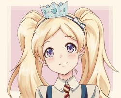 Rule 34 | 1girl, artist request, blonde hair, blue eyes, blue hairband, blush, collared shirt, commentary request, emily stewart, hairband, idolmaster, idolmaster million live!, looking at viewer, multicolored neckwear, necktie, parted bangs, portrait, shirt, simple background, smile, solo, twintails, two-tone hairband, white hairband, white shirt