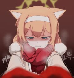 Rule 34 | 1girl, absurdres, animal ear fluff, animal ears, blue archive, blue eyes, breath, brown jacket, cat ears, cat girl, clenched teeth, crying, crying with eyes open, frown, halo, highres, jacket, long hair, long sleeves, looking at viewer, mari (blue archive), meme, mittens, orange hair, pov cheek warming (meme), red mittens, red scarf, sayashi (type5 labyrith), scarf, strangling, tears, teeth, trembling, yellow halo