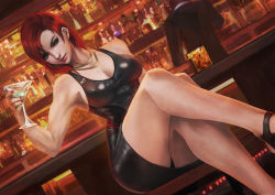 Rule 34 | 1girl, absurdres, alcohol, bar (place), black panties, breasts, cleavage, cocktail glass, commander shepard, commander shepard (female), crossed legs, cup, dress, drinking glass, gold necklace, highres, jewelry, latex, latex dress, legs together, looking at viewer, mass effect (series), mass effect 1, monori rogue, nail polish, necklace, official alternate costume, paid reward available, panties, pantyshot, red hair, short hair, sitting, sleeveless, sleeveless dress, smile, solo focus, tight clothes, tight dress, underwear