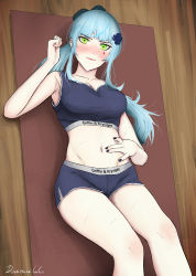 Rule 34 | 1girl, alternate costume, arm up, artist name, black nails, blue hair, blush, breasts, closed mouth, collarbone, darkpulsegg, feet out of frame, girls&#039; frontline, green eyes, hair ornament, hairclip, hand on own stomach, highres, hk416 (girls&#039; frontline), lips, long hair, looking at viewer, lying, medium breasts, nail polish, navel, on floor, simple background, solo, sportswear, teardrop facial mark, teardrop tattoo