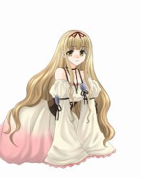 Rule 34 | 1girl, 74, bare shoulders, blonde hair, dress, female focus, gensou suikoden, gensou suikoden v, long hair, luserina barows, simple background, solo, yellow eyes