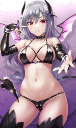 Rule 34 | 1girl, absurdres, arm up, bare shoulders, bikini, black bikini, black choker, black gloves, black thighhighs, breasts, cameltoe, choker, cleavage, collarbone, contrapposto, cowboy shot, demon girl, demon horns, demon tail, demon wings, elbow gloves, fingerless gloves, gloves, grey hair, grin, groin, halterneck, highres, horns, idolmaster, idolmaster cinderella girls, kanzaki ranko, large breasts, long hair, looking at viewer, navel, red eyes, smile, solo, standing, stomach, string bikini, swimsuit, tail, thighhighs, thighs, urabi (tomatohouse), wings