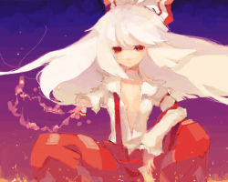 Rule 34 | 1girl, amputee, bad id, bad pixiv id, bow, breasts, drawr, dress shirt, female focus, fujiwara no mokou, gradient background, long hair, no bra, oekaki, ohiam, open clothes, open shirt, pants, red eyes, shirt, sitting, small breasts, solo, suspenders, touhou, white hair