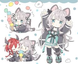 Rule 34 | 2girls, :&lt;, ^^^, ahoge, animal ear fluff, animal ears, arknights, arms up, black bow, black dress, black footwear, black jacket, black thighhighs, blue eyes, blush, blush stickers, bow, cat ears, cat girl, cat tail, chibi, closed mouth, commentary request, cropped torso, double scoop, double v, dress, food, grey hair, hair bow, highres, holding, holding food, ice cream, ice cream cone, jacket, long hair, long sleeves, looking at viewer, mint (arknights), multiple girls, naguru (cyoroama), nose blush, open clothes, open jacket, shoes, sleeveless, sleeveless dress, sleeves past wrists, standing, surtr (arknights), sweat, tail, thighhighs, too many, too many scoops, upper body, v, very long hair, white background, white dress