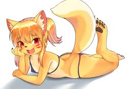 Rule 34 | 1girl, animal ear fluff, animal hands, bikini, breasts, cheek squash, facial mark, fang, female focus, furry, furry female, glin (artist), looking at viewer, lying, on stomach, open mouth, original, red eyes, sidelocks, simple background, small breasts, solo, swimsuit, white background