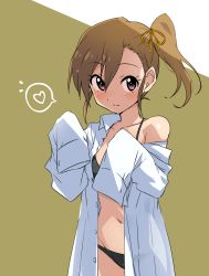 Rule 34 | 1girl, absurdres, asymmetrical bangs, black bra, black eyes, black panties, blush, bra, brown background, closed mouth, commentary request, dress shirt, futami mami, hair ribbon, heart, highres, idolmaster, idolmaster (classic), looking at viewer, navel, no pants, off shoulder, open clothes, open shirt, orange ribbon, panties, ribbon, shirt, side ponytail, sleeves past fingers, sleeves past wrists, smile, solo, spoken heart, standing, tokiani, underwear, white shirt