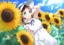 Rule 34 | 1girl, arm behind back, armpits, blue neckwear, blue ribbon, blush, bon (bonbon315), breasts, commentary request, day, dress, flower, medium breasts, medium hair, open mouth, original, outdoors, parted bangs, ribbon, short sleeves, sunflower, twintails, white dress, white headwear