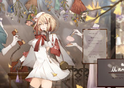 Rule 34 | absurdres, alternate costume, antique phone, azur lane, bag, black gloves, black legwear, blonde hair, cape, chinese commentary, commentary request, cosmetics, dress, face powder, flower, gloves, handbag, hat, highres, jingzhongyin, long sleeves, looking at another, looking to the side, makeup, multicolored hair, neck ribbon, open mouth, phone, red ribbon, ribbon, roon (azur lane), rotary phone, sidelocks, smile, solo focus, streaked hair, thighhighs, white dress, yellow eyes