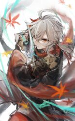Rule 34 | 1boy, aimieria, antenna hair, armor, autumn leaves, black gloves, fingerless gloves, genshin impact, gloves, grey hair, hair between eyes, highres, holding, holding sword, holding weapon, japanese armor, japanese clothes, kaedehara kazuha, leaf, looking at viewer, male focus, multicolored hair, ponytail, red eyes, red hair, simple background, solo, streaked hair, sword, weapon
