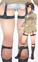 Rule 34 | 1girl, ass, black socks, breasts, brown eyes, brown hair, cameltoe, character request, closed mouth, copyright request, crotch, em (totsuzen no hakike), garter straps, hat, looking at viewer, military, military hat, military uniform, multiple views, necktie, panties, short hair, simple background, small breasts, socks, underwear, uniform, white background, white panties, world witches series