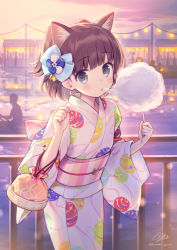 Rule 34 | 1girl, animal ear fluff, animal ears, bell, blue bow, blush, bow, brown hair, cat ears, closed mouth, commentary request, cotton candy, eating, food, grey eyes, hair bow, holding, holding food, japanese clothes, jingle bell, kimono, long sleeves, looking at viewer, nekokan masshigura, obi, original, outdoors, print kimono, railing, sash, signature, silhouette, solo focus, sunset, twitter username, two side up, water, white kimono, wide sleeves