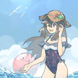 Rule 34 | 1girl, bow, brown hair, brown headwear, clefairy, collarbone, commentary request, covered navel, creatures (company), eyelashes, frills, game freak, gen 1 pokemon, gen 3 pokemon, hair between eyes, hand up, happy, hat, leaf (pokemon), long hair, nintendo, one-piece swimsuit, open mouth, pokemon, pokemon (creature), pokemon frlg, rata (m40929), splashing, swimsuit, teeth, tongue, upper teeth only, water, water drop, wingull