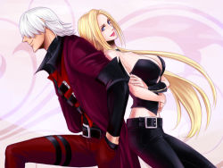 Rule 34 | 1boy, 1girl, back-to-back, blonde hair, blue eyes, breasts, choker, couple, dante (devil may cry), devil may cry (series), happy, leather, lowres, smile, trish (devil may cry)