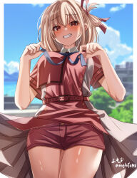 Rule 34 | 1girl, absurdres, belt, blonde hair, blue eyes, blue ribbon, blue sky, blurry, blurry background, blush, border, breasts, clothes lift, commentary, cowboy shot, day, dress, dress lift, eyes visible through hair, from below, grey dress, grin, hair between eyes, hair ribbon, hands up, highres, holding, holding ribbon, large breasts, looking at viewer, lycoris recoil, lycoris uniform, medium hair, naughty face, neck ribbon, nishikigi chisato, one side up, outdoors, red belt, red dress, red eyes, red ribbon, red shorts, ribbon, short sleeves, shorts, shorts under skirt, signature, sky, smile, solo, tsurime, twitter username, two-tone dress, white border, wind, wind lift, yomo