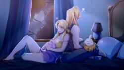 Rule 34 | 1girl, 1other, 2boys, affectionate, aiphelix, blonde hair, edward elric, family, father and son, full moon, fullmetal alchemist, highres, husband and wife, if they mated, indoors, long hair, moon, mother and son, multiple boys, on bed, pillow, sitting, sleeping, winry rockbell, zzz