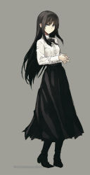 Rule 34 | 1girl, artist name, black bow, black footwear, black hair, black hairband, black skirt, blue eyes, bow, bowtie, buttons, closed mouth, commentary, full body, grey background, hairband, highres, konoe ototsugu, long hair, long skirt, long sleeves, looking at viewer, own hands together, serious, shirt, side ponytail, simple background, skirt, solo, tohno akiha, tsukihime, tsukihime (remake), twitter username, very long hair, white shirt