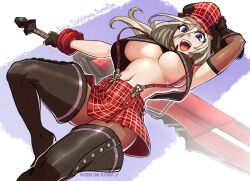 Rule 34 | 1girl, :d, alisa ilinichina amiella, arm up, arm warmers, asymmetrical gloves, bare shoulders, black footwear, black gloves, black vest, blue eyes, boots, bracer, breasts, brown pantyhose, cabbie hat, character name, checkered clothes, checkered headwear, commentary, cropped vest, elbow gloves, english commentary, fingerless gloves, gloves, god eater, god eater burst, grey hair, hair between eyes, hat, holding, holding sword, holding weapon, huge weapon, kawa-v, large breasts, long hair, looking at viewer, navel, open mouth, pantyhose, patreon username, plaid, plaid headwear, plaid skirt, pleated skirt, red hat, red skirt, sidelocks, single arm warmer, skirt, smile, solo, stomach, suspender skirt, suspenders, sword, teeth, thigh boots, underboob, upper teeth only, vest, weapon