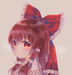 Rule 34 | 1girl, bad id, bad pixiv id, blush, bow, brown background, brown hair, character name, commentary, frilled bow, frills, hair between eyes, hair bow, hair tubes, hakurei reimu, long hair, looking at viewer, looking to the side, nami (nyaa), parted lips, portrait, red bow, red eyes, sidelocks, solo, touhou