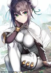 Rule 34 | 1girl, arm support, black hair, blush, bodysuit, breasts, brown hair, bun cover, head rest, chinese clothes, commentary request, double bun, fate/grand order, fate (series), fingerless gloves, gendo0032, gloves, green eyes, crossed legs, looking at viewer, medium breasts, patreon username, qin liangyu (fate), sitting, solo