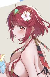 Rule 34 | 1girl, alternate costume, back, beach, bikini, blush, breasts, cleavage, close-up, core crystal (xenoblade), cup, drink, earrings, flower, food, fruit, hair flower, hair ornament, highres, holding, holding cup, holding drink, jewelry, large breasts, lemon, lemon slice, looking at viewer, looking up, official alternate costume, pyra (pro swimmer) (xenoblade), pyra (xenoblade), red eyes, red hair, short hair, simple background, solo, surprised, sweat, sweatdrop, swimsuit, taro (peach taro51), xenoblade chronicles (series), xenoblade chronicles 2