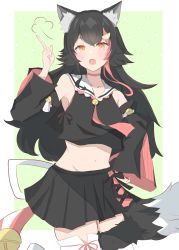 Rule 34 | 1girl, absurdres, animal ears, atab16 h, bell, black hair, black shirt, black skirt, blush, breasts, choker, commentary, cowboy shot, crossed bangs, detached sleeves, fang, green background, hair flaps, hair ornament, hand on own hip, highres, hololive, index finger raised, kouhaku nawa, long hair, looking at viewer, midriff, miniskirt, multicolored hair, navel, neck bell, ookami mio, ookami mio (1st costume), open mouth, orange eyes, pleated skirt, polka dot, polka dot background, red choker, red hair, rope, sailor collar, shimenawa, shirt, sidelocks, simple background, skirt, small breasts, solo, standing, streaked hair, tail, tail around own leg, thighhighs, very long hair, virtual youtuber, white hair, white thighhighs, wide sleeves, wolf ears, wolf girl, wolf tail