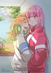 Rule 34 | absurdres, blush, breasts, closed eyes, couple, earrings, feather earrings, feathers, gawr gura, gradient hair, gym shirt, gym uniform, hand on another&#039;s head, head grab, headpat, highres, hololive, hololive english, hug, jacket, jewelry, long hair, long sleeves, looking at another, mori calliope, multicolored hair, multiple girls, open mouth, orange hair, pants, partially unzipped, pink hair, red eyes, red jacket, shirt, small breasts, smile, takanashi kiara, track jacket, track pants, track suit, virtual youtuber, xu chin-wen, yuri, zipper
