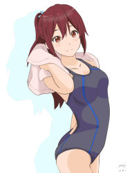 Rule 34 | 10s, 1girl, arched back, competition swimsuit, free!, highres, long hair, matsuoka gou, one-piece swimsuit, ponytail, red eyes, red hair, swimsuit, yossy (asd 456)