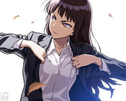 Rule 34 | 1girl, artist logo, bad id, bad pixiv id, black hair, black jacket, blunt bangs, blurry, blurry foreground, brown eyes, closed mouth, commentary, curvy, depth of field, dress shirt, dressing, frown, girls und panzer, jacket, leaf, long sleeves, looking away, looking back, mature female, nishizumi shiho, pairan, shirt, simple background, solo, standing, straight hair, upper body, white background, white shirt