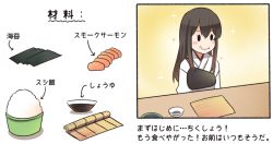 Rule 34 | 10s, 1girl, akagi (kancolle), blush stickers, bowl, brown hair, comic, commentary request, failure, food, food on face, how to make sushi (meme), ido (teketeke), japanese clothes, kantai collection, kotatsu, long hair, meme, muneate, nori (seaweed), rice, sidelocks, sliced, smile, solo, soy sauce, sparkle, table, translation request