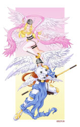 Rule 34 | 1boy, 1girl, absurdres, angel, angel boy, angel girl, angemon, angewomon, digimon, digimon (creature), head wings, highres, long hair, mask, wings