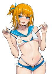 Rule 34 | 1girl, absurdres, bare arms, bare shoulders, bikini, blue bikini, blue ribbon, blue sailor collar, blunt bangs, blush, breasts, breasts apart, collarbone, cowboy shot, earrings, frilled bikini, frills, gluteal fold, grey hair, hair ribbon, highres, jewelry, jintianhuahualema, layered bikini, looking at viewer, mole, mole on breast, multicolored hair, navel, one side up, open mouth, orange hair, original, piercing, ribbon, sailor collar, simple background, small breasts, smiley face, solo, stomach, swimsuit, tongue, tongue out, tongue piercing, two-tone hair, underboob, white background, white bikini