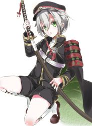 Rule 34 | 10s, 1boy, :o, aoi takeru, armor, black cape, black shorts, cape, green eyes, hair between eyes, hair flaps, hat, holding, holding sword, holding weapon, hotarumaru, japanese armor, katana, kneeling, loafers, long sleeves, looking at viewer, male focus, military, military uniform, on one knee, ootachi, open mouth, shoes, short hair, shorts, silver hair, solo, sword, touken ranbu, uniform, weapon, white legwear