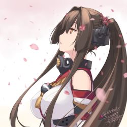 Rule 34 | 10s, 1girl, bare shoulders, breasts, brown eyes, brown hair, cherry blossoms, collar, detached sleeves, from side, gradient background, hair between eyes, headgear, kantai collection, large breasts, long hair, looking to the side, looking up, petals, pink background, ponytail, rokuwata tomoe, solo, twitter username, white background, yamato (kancolle), zulu (naval flag)