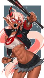 Rule 34 | 1girl, abs, absurdres, bad id, bad twitter id, baseball bat, black jacket, black shorts, borrowed character, bracelet, clenched hands, collar, commission, cowboy shot, crop top, cropped jacket, dark-skinned female, dark skin, eliza (colormenero), fangs, female focus, highres, holding, holding baseball bat, horns, jacket, jewelry, long hair, looking at object, midriff, muscular, muscular female, navel, nia (nia4294), oni, open mouth, original, outline, pink hair, pointy ears, print shirt, red-framed eyewear, shirt, short shorts, shorts, smile, solo, spiked bracelet, spiked collar, spikes, standing, strapless, tube top, very long hair, white outline, white shirt