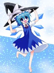 Rule 34 | 1girl, bad anatomy, barefoot, blue eyes, cirno, female focus, hat, hat ribbon, open mouth, poorly drawn, ribbon, snow, snowflakes, snowing, solo, sugina fujitaka, touhou, wings, witch hat