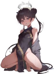 Rule 34 | 1girl, absurdres, bare legs, bare shoulders, barefoot, black dress, black hair, blue archive, blush, breasts, butterfly hair ornament, china dress, chinese clothes, coat, covered navel, double bun, dragon print, dress, grey coat, grey eyes, groin, hair bun, hair ornament, halo, highres, kisaki (blue archive), long hair, looking at viewer, no panties, off shoulder, pelvic curtain, pinstripe pattern, print dress, simple background, sleeveless, sleeveless dress, small breasts, solo, spread legs, squatting, striped, striped coat, sweat, thighs, twintails, vertical-striped coat, very long hair, white background, yogu (user rxdx2445)