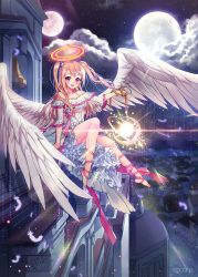 Rule 34 | 1boy, :d, angel, angel wings, bare shoulders, blush, brown hair, collarbone, dress, feathered wings, flying, full body, full moon, hair ornament, halo, long hair, looking at viewer, male focus, milcona, moon, night, off-shoulder dress, off shoulder, open mouth, original, pink eyes, smile, solo, star (symbol), star hair ornament, two side up, white dress, wings