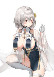 Rule 34 | 1girl, absurdres, azur lane, blush, braid, breast curtains, breasts, china dress, chinese clothes, cleavage, closed mouth, commentary request, dress, flower, gloves, hair between eyes, hair flower, hair ornament, hand on own chest, highres, large breasts, looking to the side, neckwear between breasts, pixel (yuxian), red eyes, revealing clothes, see-through, see-through sleeves, short hair, side slit, silver hair, simple background, sirius (azur lane), sirius (azure horizons) (azur lane), solo, thighhighs, white background, white gloves, white thighhighs