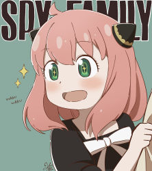 Rule 34 | 1girl, ahoge, anya (spy x family), black dress, blush, child, commentary request, copyright name, dress, green background, green eyes, hair ornament, highres, kona kuzu, long hair, open mouth, pink hair, ribbon, signature, simple background, solo, sparkle, sparkling eyes, spy x family, upper body, white ribbon