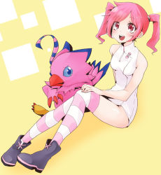 Rule 34 | 1girl, bare shoulders, chorimokki, digimon, digimon (creature), digimon world re:digitize, pink hair, piyomon, red eyes, rindou akiho, striped clothes, striped thighhighs, thighhighs, twintails