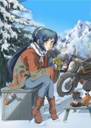 Rule 34 | 1girl, aquaplus, black hair, blue sky, boots, breasts, breath, coffee, coffee cup, coffee mug, cup, denim, disposable cup, fingerless gloves, footprints, gloves, highres, jeans, kuon (utawarerumono), long hair, medium breasts, motor vehicle, motorcycle, mountain, mug, open mouth, pants, ponytail, scarf, sitting, sky, snow, table, tree, utawarerumono, utawarerumono: itsuwari no kamen, winter clothes, yellow eyes